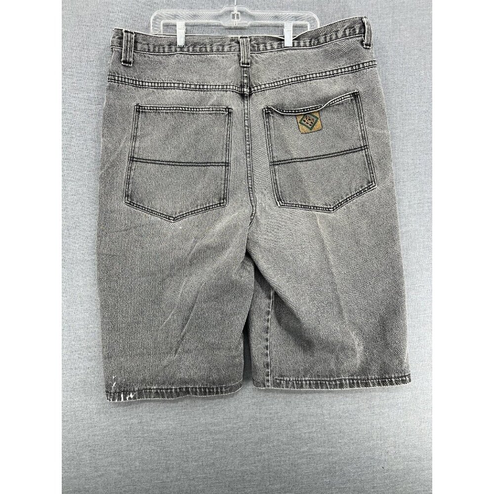 Vtg Iz It U? Black Denim Jean Shorts Mens 46 Fade Baggy Jorts Y2K Paint Splatter